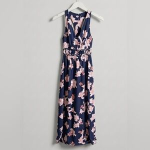 Japna Handmade Navy And Pink Floral Smocked V Neck Flowy Racer Back Maxi Dress